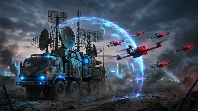 A conceptual futuristic illustration of modern warfare. A large, traditional military